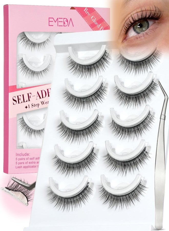 EMEDA Self Adhesive Eyelashes Natural Look No Glue Eyelashes 10mm Natural Round Eye Pre-glued Waterproof Glueless No Glue Needed Reusable Stick on False Strip Lashes (L08 with Tweezers) - Image 1